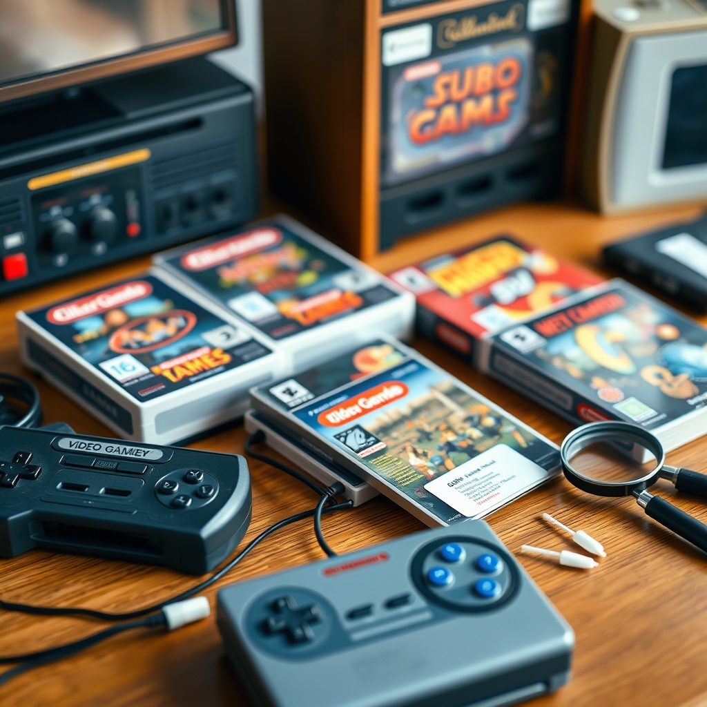 レトロゲームせどりの完品イメージ｜箱・説明書つきソフトとコントローラーを並べた机の写真